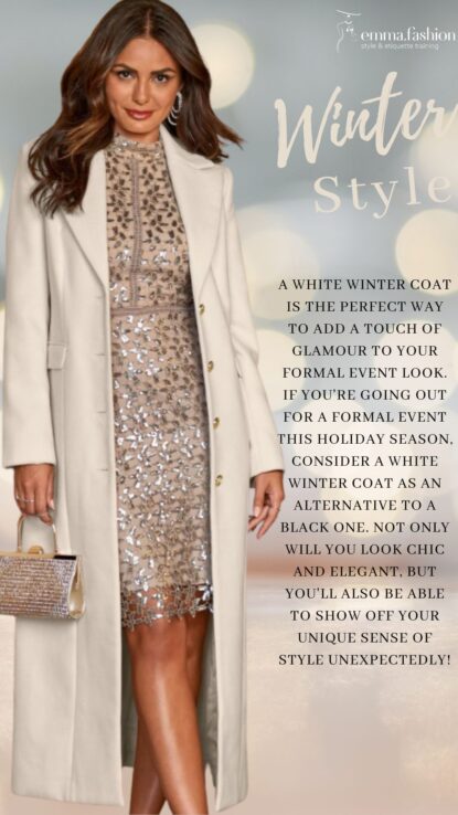 White winter coat for formal event look.