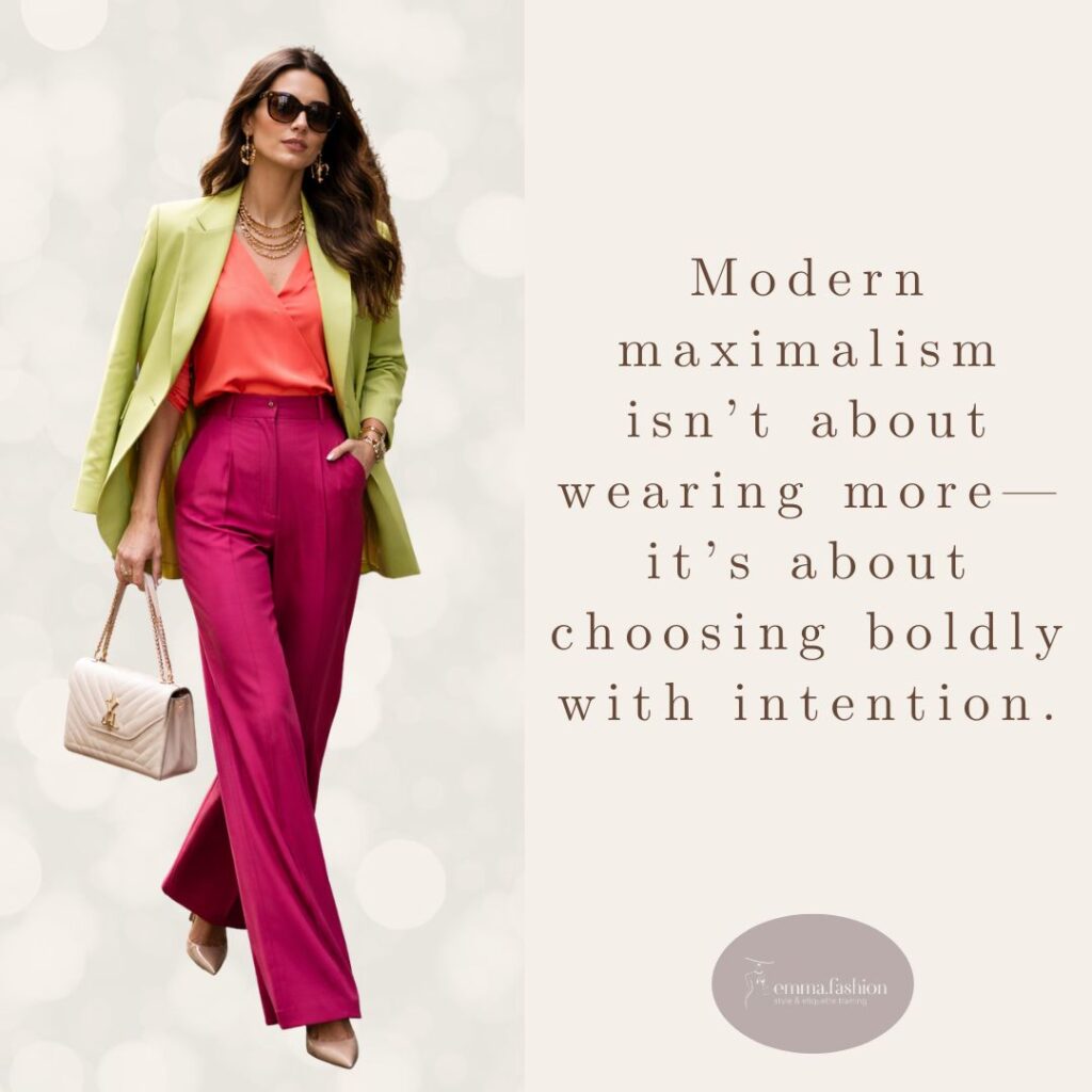 Spring and summer maximalist outfit inspiration with elegant color, structure, and texture